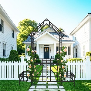 Dolonm Metal Garden Arch with Gate Climbing Plants Support Rose Arch Outdoor Black - 1 of 4
