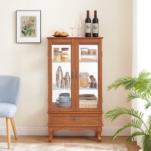 TIRAMISUBEST Lighted Glass Cabinet Glass Wine Cabinet Curio Display Cabinet with Adjustable Glass Shelves 2 Doors and 1 drawer Cabinet - 1 of 4