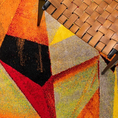 Red and Orange Geometric Floral Synthetic Area Rug