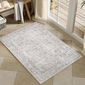 Attop Gray Entryway Area Rug 2x3 Door Mat Machine Washable Vintage Distressed Non Slip Carpet Indoor Grey Retro Floral Accent Throw - 1 of 4