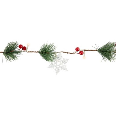 Festive Pine and Berry LED Garland with Snowflakes - 6ft