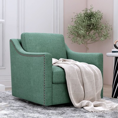 Okak Accent Chairs for Bedroom, 360 Degree Swivel Armchair Cotton Linen Skin-friendly Fabric Ergonomic Design Brass Nail Decorative Armchair