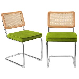 COWLOWN Green 2 Piece Mid - Century Modern Rattan Set - Metal Chrome Legs, Armless Cane Back, Upholstered Seats Perfect for Kitchen and Dining Room - 1 of 4