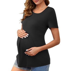 INSPIRE CHIC Women's Maternity Top Short Sleeve Crewneck Wrinkle Design Blouse Waist Tiered Pregnancy T-Shirt - 1 of 4