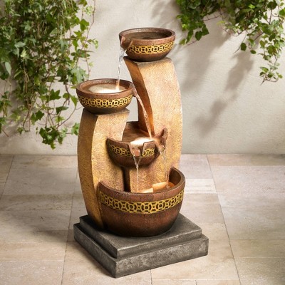 Beige and Brown Faux Stone Four Bowl Cascading Water Fountain with LED Light