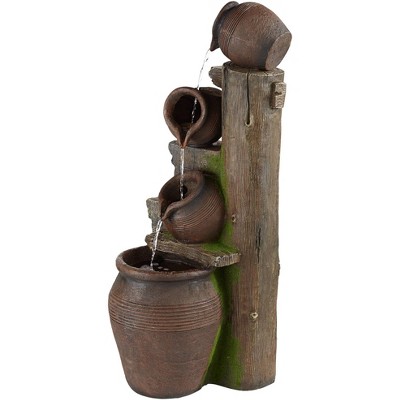 Rustic Terracotta Four-Pot Cascading Outdoor Floor Fountain with LED Light