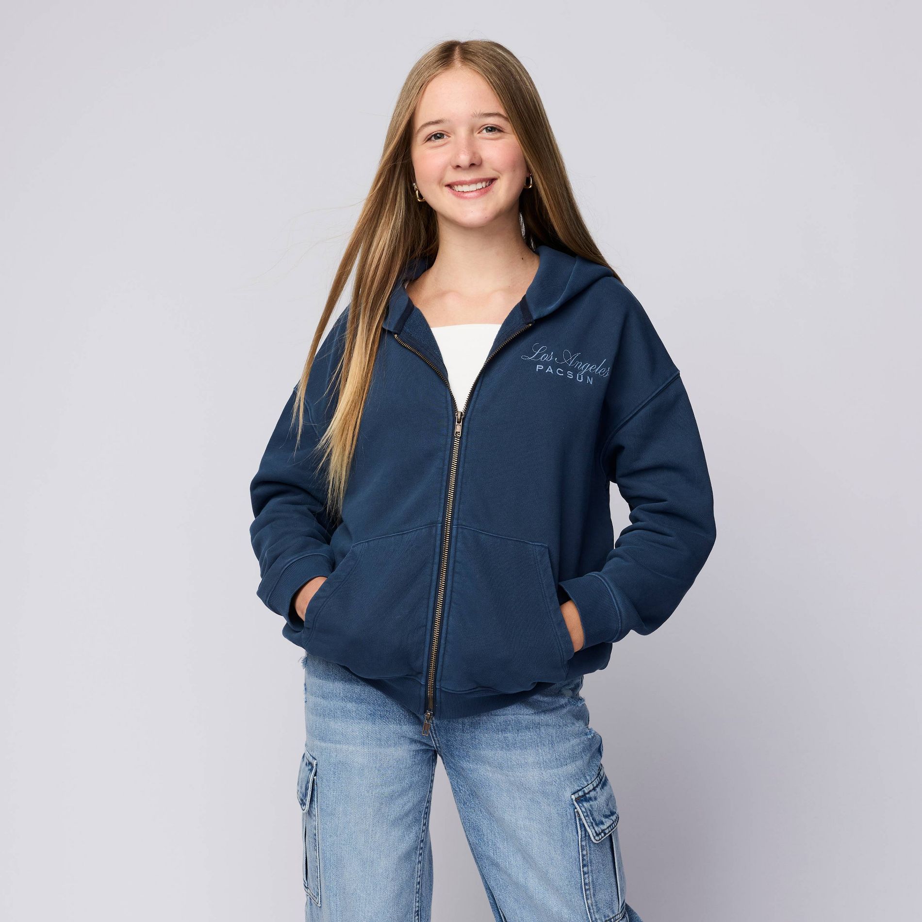Pacsun Kids Girls' Oversized Full Zip French Terry Hoodie - Navy L