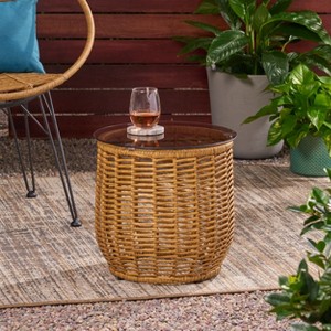 GDFStudio Laguna Outdoor 15.5" Wicker Glass Top Basket Side Table - 1 of 4
