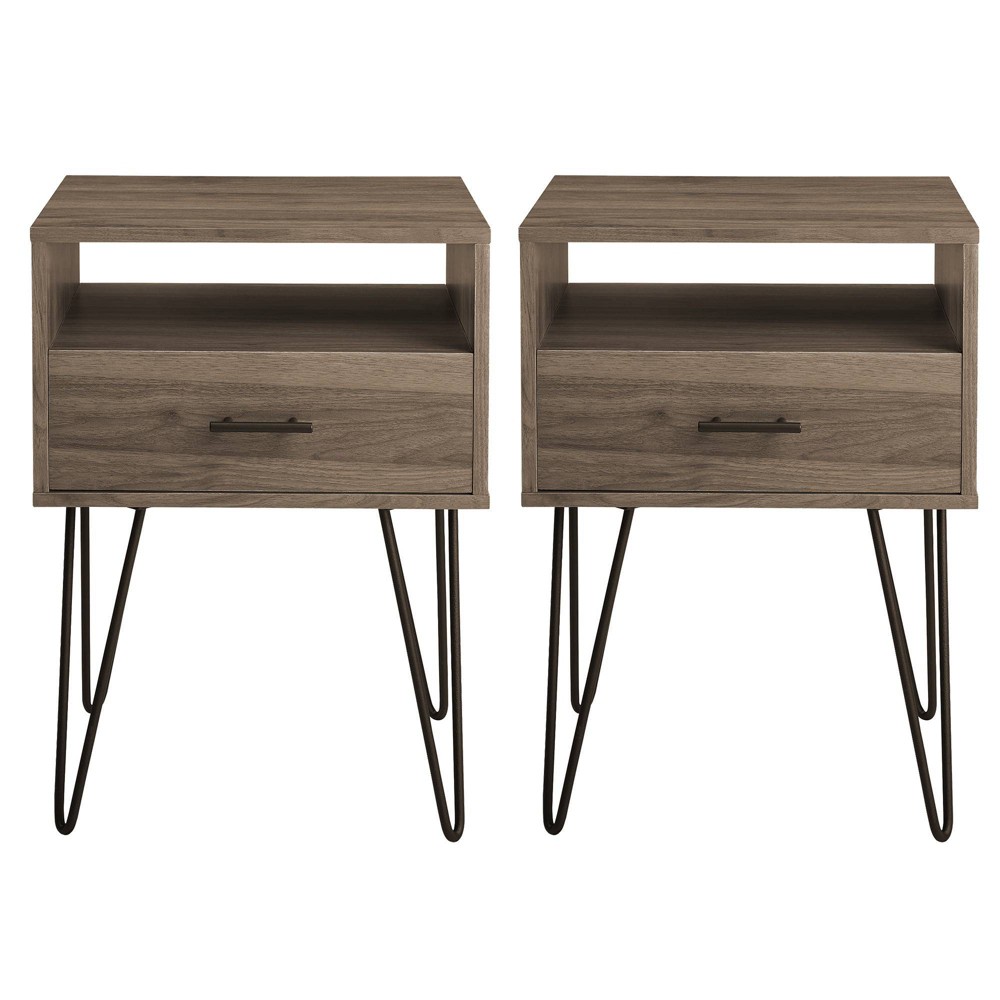 Photos - Storage Сabinet Set of 2 Amal Modern Single Drawer Hairpin Leg Nightstands: Mid-Century De