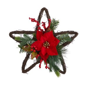 Nearly Natural 16-in Holiday Christmas Poinsettia Star Twig Wreath - 1 of 4
