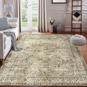 Non-Slip Rug Machine Washable 6'x9' Boho Vintage Area Rug Oriental Floral Distressed Low Pile Carpet with Non-Slip Backing - 1 of 4