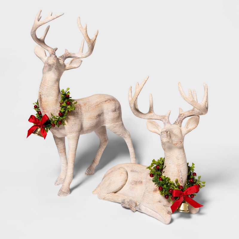 19.4&#34; x 7.1&#34; Wooden Standing Deer Figurine with Wreath Natural - Threshold&#8482;, 2 of 4