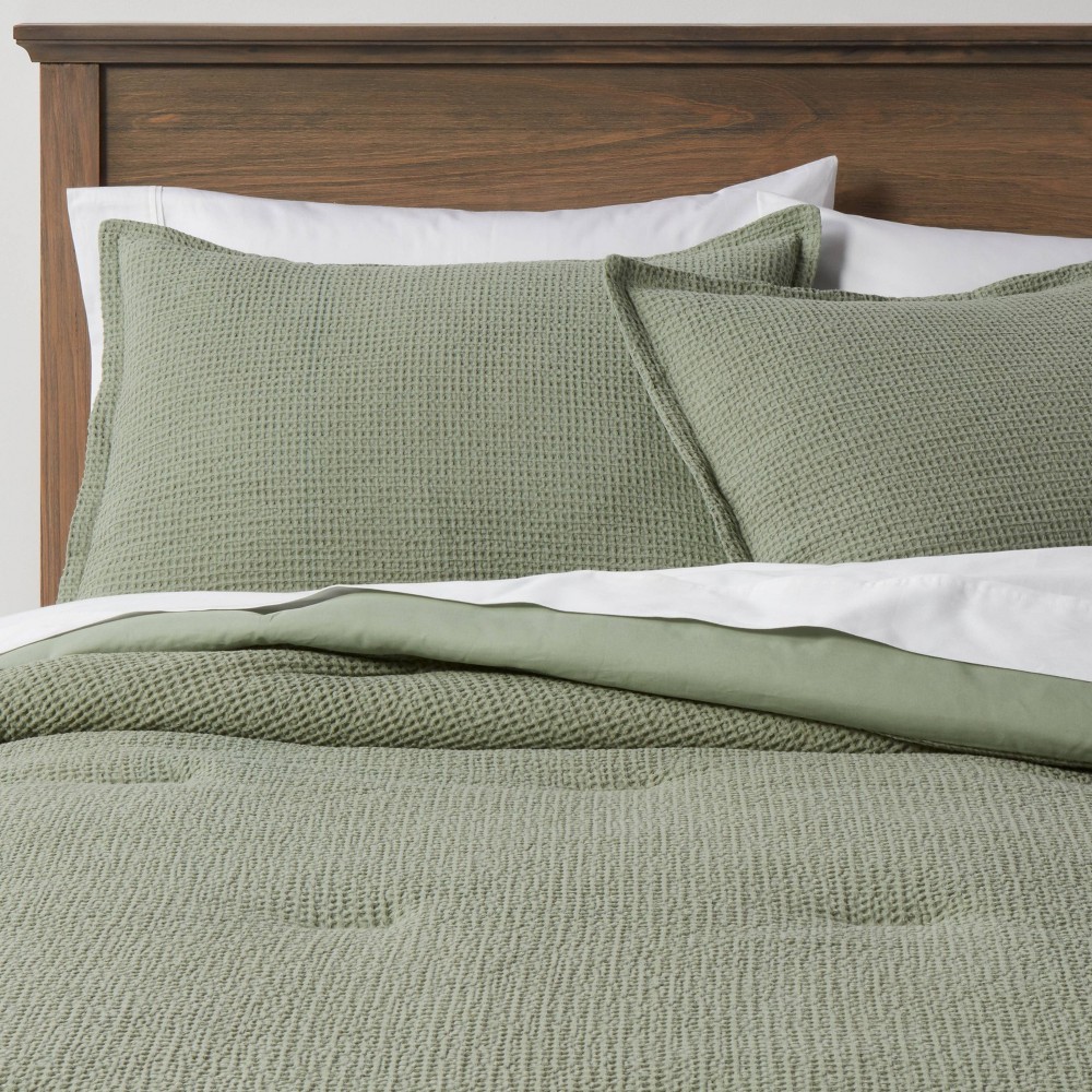 Photos - Bed Linen Full/Queen Washed Waffle Weave Comforter and Sham Set Sage Green - Thresho