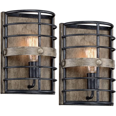 Franklin Iron Works Lexi Farmhouse Rustic Industrial Wall Light Sconces Set of 2 Oil Rubbed Bronze Hardwire 8" Fixture for Bedroom Bathroom Vanity