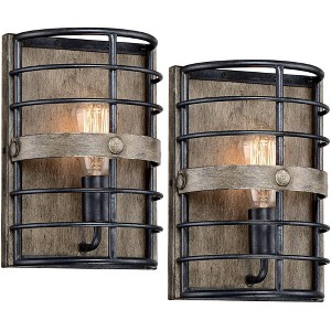 Franklin Iron Works Lexi Farmhouse Rustic Industrial Wall Light Sconces Set of 2 Oil Rubbed Bronze Hardwire 8" Fixture for Bedroom Bathroom Vanity - 1 of 4