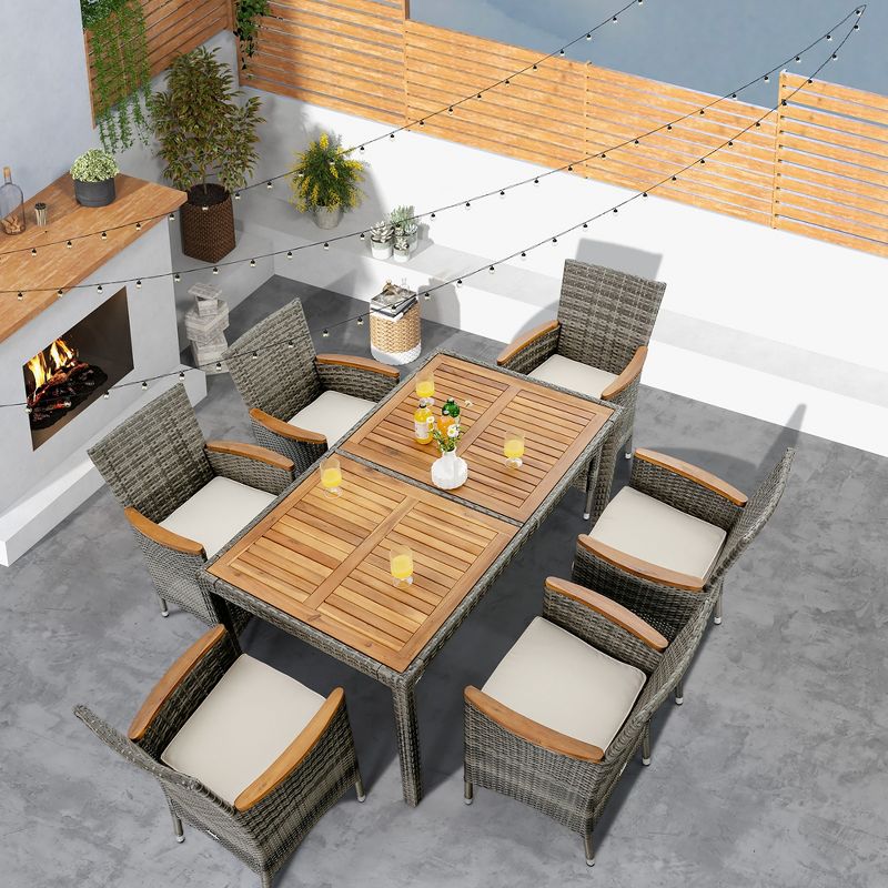 Costway 7PCS Patio Rattan Dining Set Acacia Wood Table Cushioned Chair Mix Gray, 3 of 11