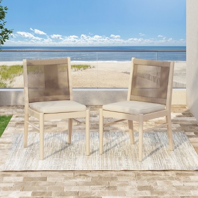 Coolbibila ModernWood Acacia Dining Chair,Beige Fabric Upholstered Dining Room Chair,Woven Rope Back Patio Outdoor Dining Chair