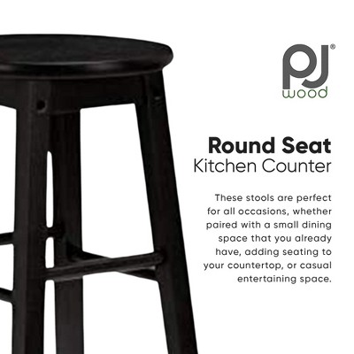 Classic Black Solid Wood 24" Round-Seat Kitchen Counter Stools, Set of 2