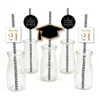 Big Dot of Happiness Gold Tassel Worth The Hassle Paper Straw Decor - 2021 Graduation Party Striped Decorative Straws - Set of 24