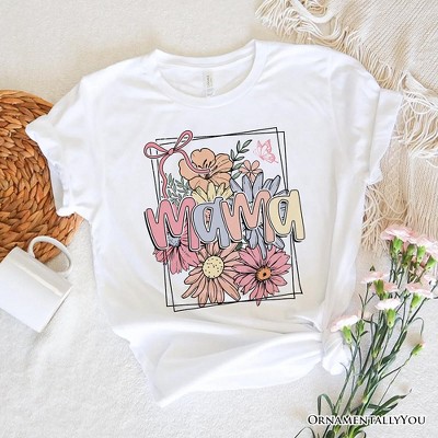 Floral Mama Coquette Bow Pastel T-Shirt, White and Natural Boho Tee With Spring Flower| OrnamentallyYou