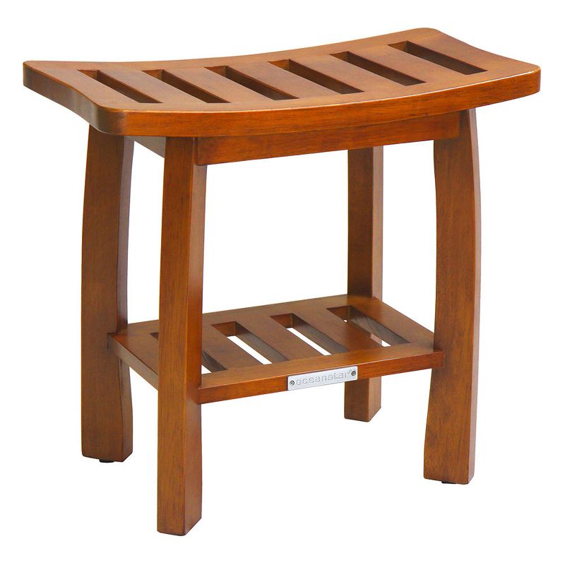 Oceanstar Solid Wood Spa Shower Bench with Storage Shelf, Teak Color Finish, 1 of 5