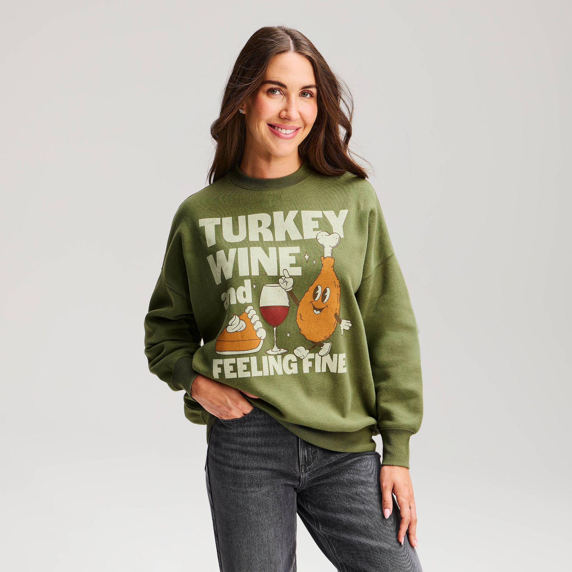 Women's Turkey Wine & Feeling Fine Fleece Graphic Pullover Sweatshirt - Green