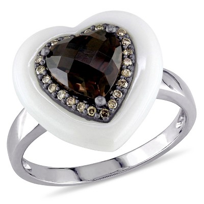 EVERLY JEWELRY | Stainless Steel 8 1/2 Carat White Agate, Smokey Quartz & Brown Diamond Heart Ring