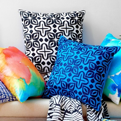 White and Black Embroidered Cotton Square Pillow