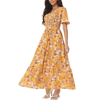 Seta T Women's Summer Casual Floral Short Flutter Sleeve V Neck Smocked High Waist Flowy Maxi Dress