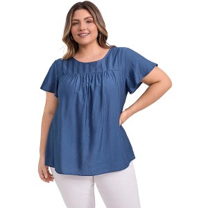 Women's Plus Size Toothpick Pleated Texture Crew Neck Ruffle Short Sleeve Casual Summer Blouses - GRACE & GRANDEUR - 1 of 4