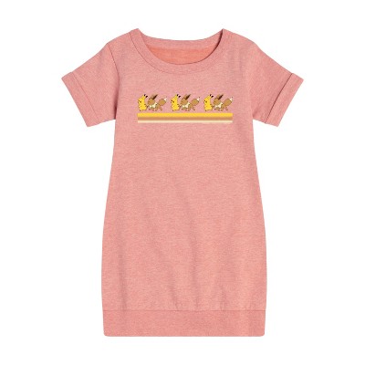 Girls' - Pokémon - Pikachu Eevee Retro Stripe Graphic Short Sleeve Fleece Dress