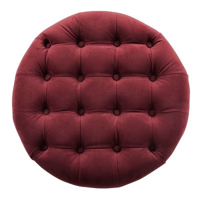 Berry Velvet Tufted Round Cocktail Ottoman with Rustic Wood Legs