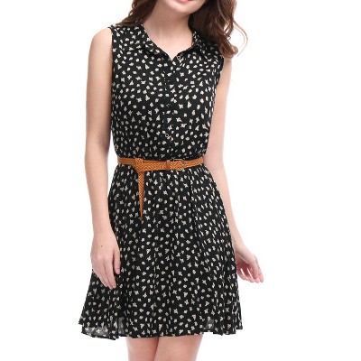 INSPIRE CHIC Women's Floral Sleeveless Half Placket Mini Belted Summer Dress