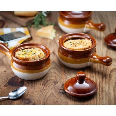 Rustic Brown and Cream Ceramic Soup Crocks with Lids, 15 oz, Set of 4