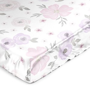 Sweet Jojo Designs Girl Satin Fitted Crib Sheet Watercolor Floral Purple Grey and Pink - 1 of 4
