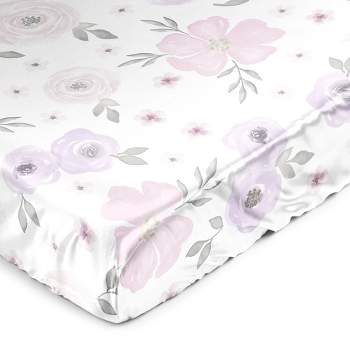 Sweet Jojo Designs Girl Satin Fitted Crib Sheet Watercolor Floral Purple Grey and Pink