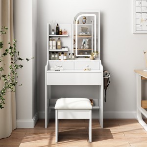 TIRAMISUBEST Fashion Vanity Desk Set with LED Lighted Mirror and Cushioned Stool, Makeup Vanity Table Dressing Table with 3 Drawers and Open Shelves - 1 of 4