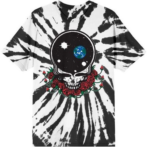 Grateful Dead Skull Logo With Flowers Men’s Black and White Spiral Graphic  Tee-Medium