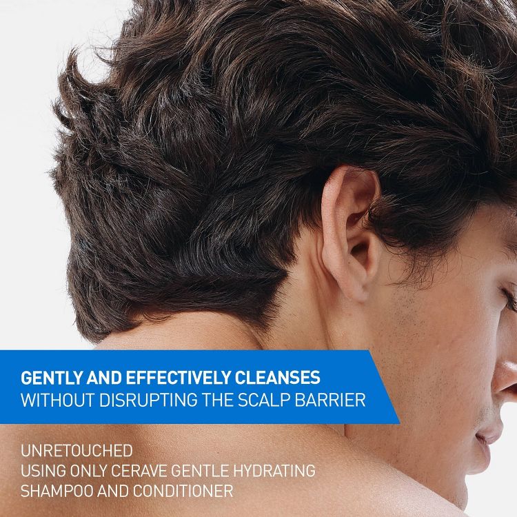A close-up of a person's head with dark hair, featuring text that reads "Gently and effectively cleanses without disrupting the scalp barrier" and "Unretouched using only CeraVe Gentle Hydrating Shampoo and Conditioner."
