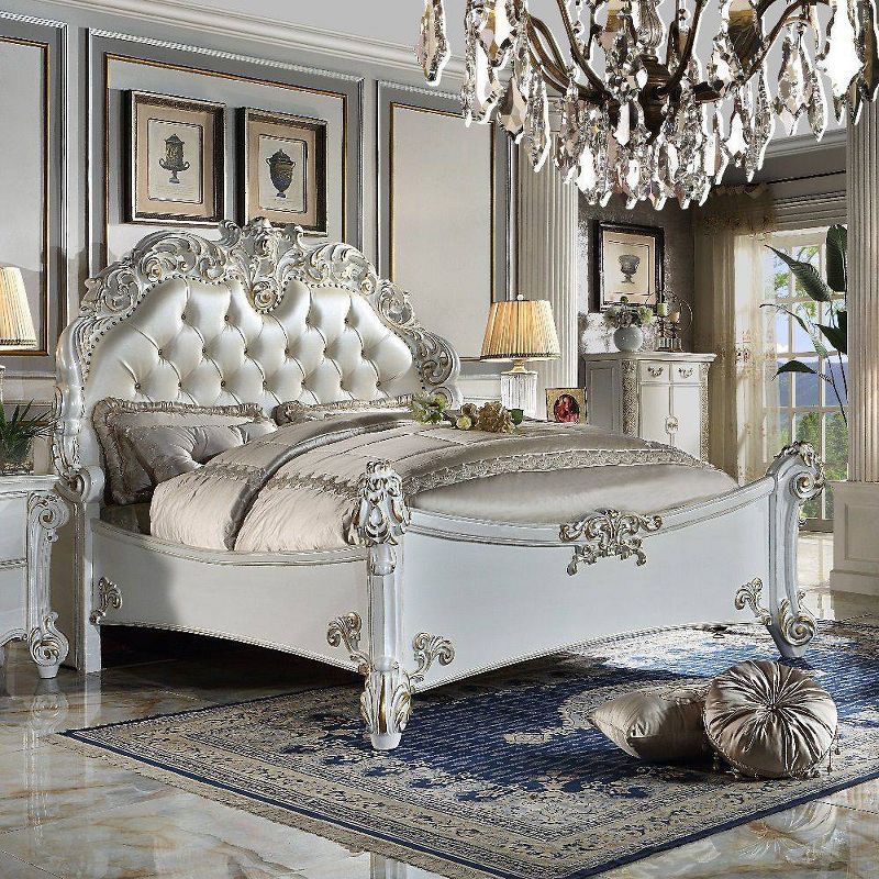 100&#34; California King Bed Vendome Bed Synthetic Leather and Antique Pearl Finish - Acme Furniture, 1 of 7