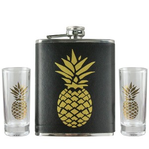 Wild Eye 3-Piece Black and Metallic Gold Tropical Pineapple Flask and Shot Glass Set - 1 of 3