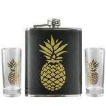 Wild Eye 3-Piece Black and Metallic Gold Tropical Pineapple Flask and Shot Glass Set
