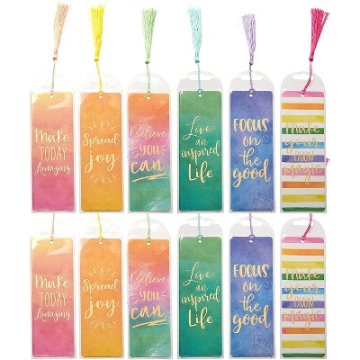 Paper Junkie 12-Pack Watercolor Design Gold Foil Motivational Quotes Bookmarks for Books with Tassel