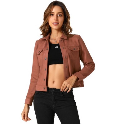 INSPIRE CHIC Women's Turn-Down Collar Flap Pockets Snap Button Faux Suede Jacket