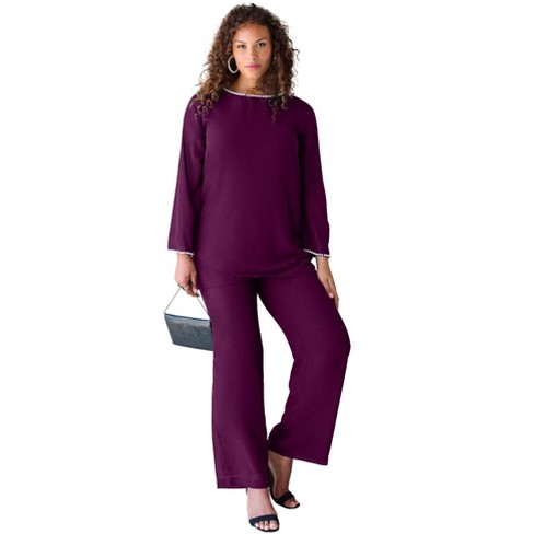 Roaman's Women's Plus Size Pearl-trim Pant Set - 16 W, Purple : Target