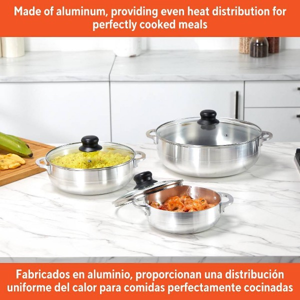 Juego de 3 Calderos Básicos IMUSA con Tapa de Vidrio: Utensilios de Aluminio, 6 Piezas, Compatibles con Eléctrica y Gas, Lavar a Mano 2