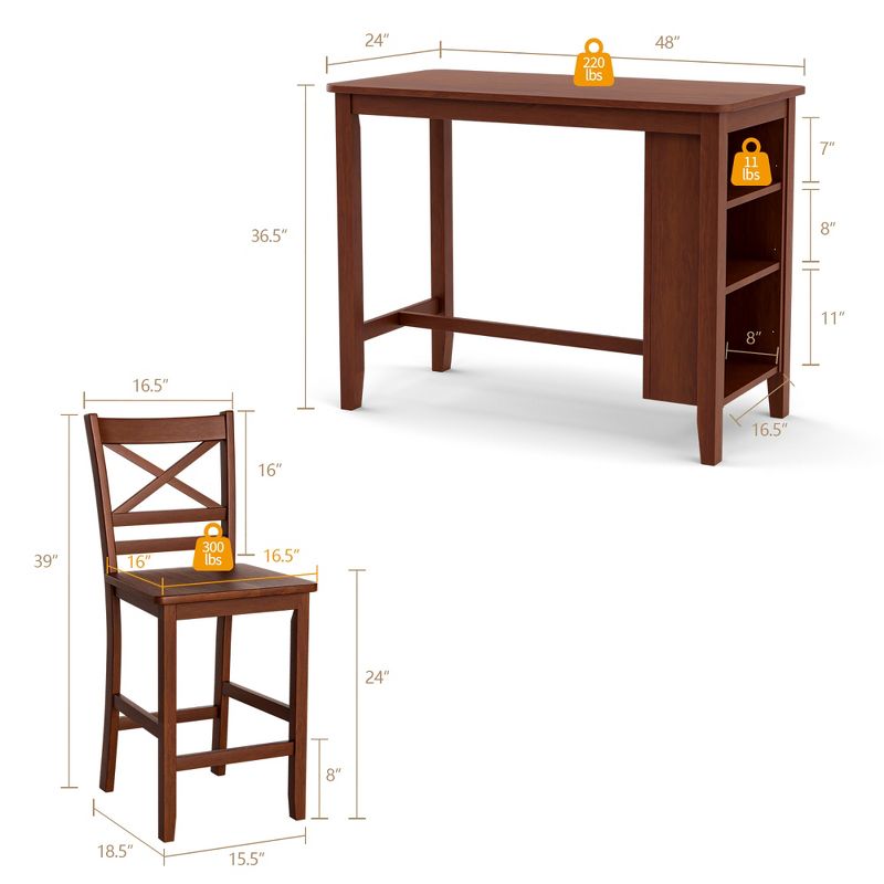 Costway 3PCS Counter Height Pub Dining Table Set w/ Storage Shelves&2 Bar Chairs, 4 of 10