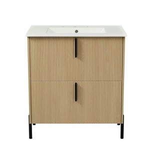 Vynxaria 30 Inch Natural Fluted Bathroom Vanity with Ceramic Sink One Unit Soft Close Full Extension Drawers Solid Wood Cabinet Black Fingerpulls - 1 of 4