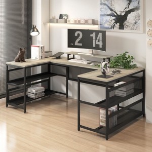 U-shaped Desk with Shelve and LED lights, Sit Stand Home Office Desk, Reversible L Shaped Home Office Desk with File Drawer-The Pop Home - 1 of 4