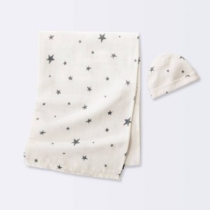 Hospital Muslin Swaddle Baby Blanket and Hat Gift Set - Cream and Gray Stars - 2pk - Cloud Island™ - 1 of 4